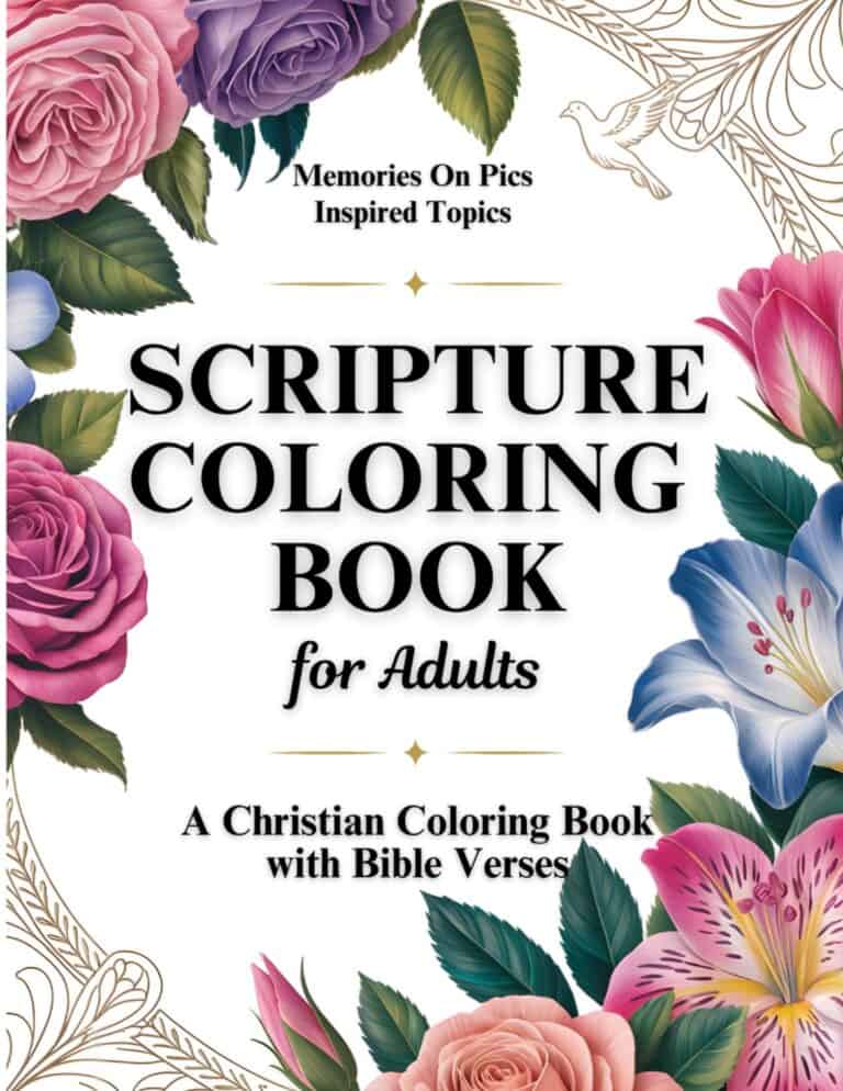 Scripture Coloring Book for Adults cover with floral designs and scripture in NKJV text.
