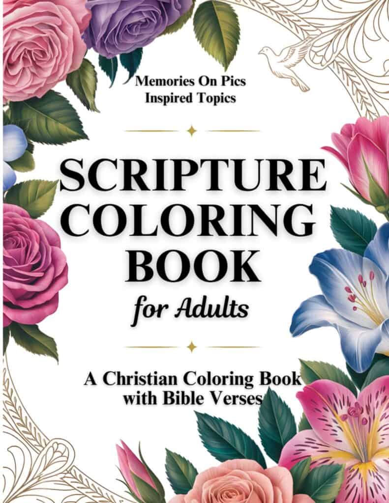 Scripture Coloring Book for Adults cover with floral designs and scripture in NKJV text.