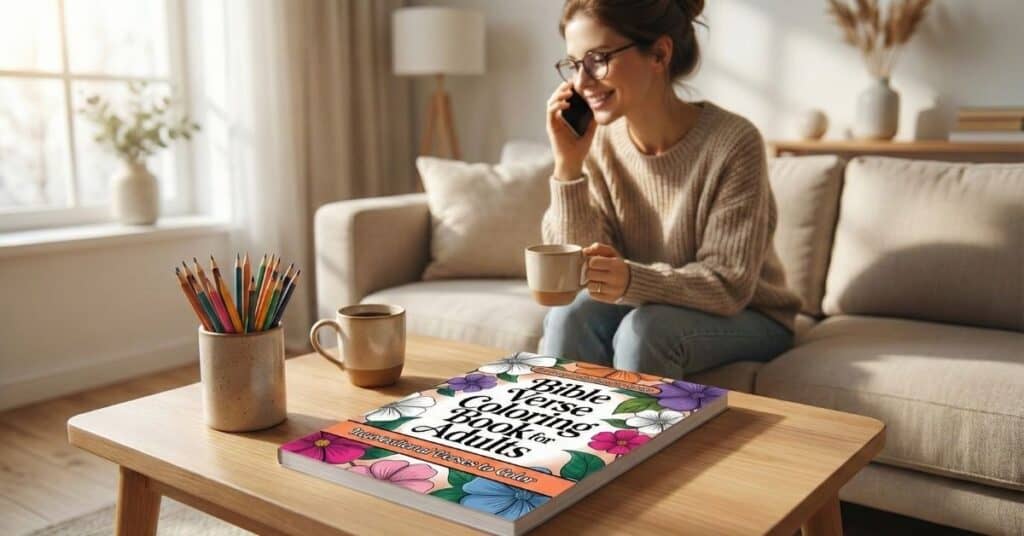 Bible verse coloring book for adults image of woman sitting on a sofa with coffee
