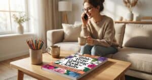 Bible verse coloring book for adults image of woman sitting on a sofa with coffee